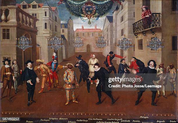 Italian and French Comedians Playing in Farces. From left to right : the actor and playwright Moliere in the costume of Arnolphe, Jodelet, Poisson,...