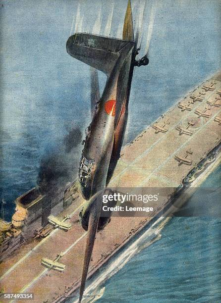 Airman Japanese kamikaze rushes his plane on a British aircraft carrier off the islands Nicobar and Andaman, Bay of Bengal, october 1944 Illustration...