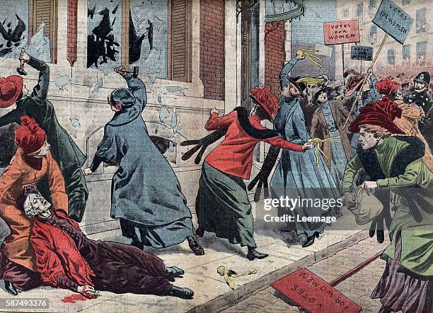 Suffragettes demonstration for the right of vote for women in London, England Illustration from Le pelerin 17th march 1912 private collection