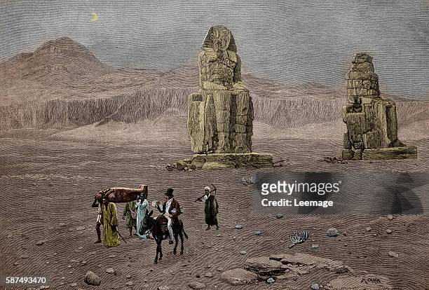French Archaeologist Jean-Francois Champollion the Younger , at the Colossi of Memnon in Egypt, 1828 ca Gravure Collection privee
