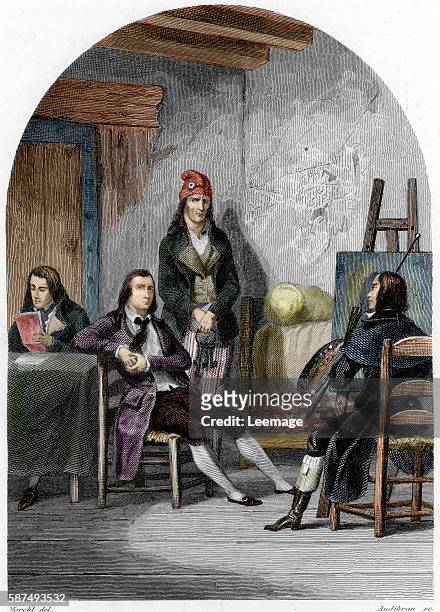 French poet Jean-Antoine Roucher in Saint-Lazare prison with Andre Chenier and french painter Hubert Robert Engraving from Les-prisons-de-l'Europe by...