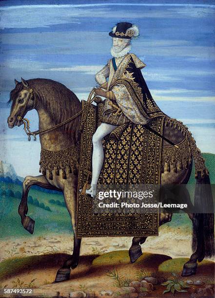 Equestrian portrait of Henri IV , 16th century. Anonymous painting of the French School, 1600-1610, gouache on parchment, mounted on wood. Conde...