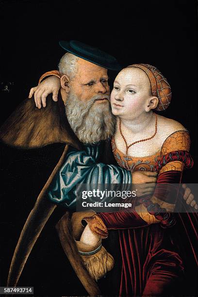 The Ill-Matched Couple - Couple of an old man and a young woman stealing discreetly money in his purse - Painting by Lucas Cranach The Elder -...