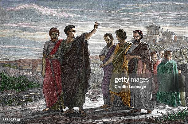 Greek philosopher Aristotle leaves Athens with his family after he was denounced for not holding the gods in honor, 323 BC Engraving from Vie des...