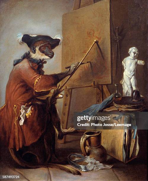 The Monkey painter. Depiction of a monkey imitating human behavior. Painting by Jean Baptiste Simeon Chardin , 18th century. Oil on canvas. 0,73 x...