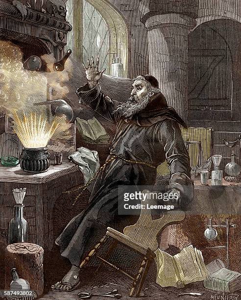 Portrait of Berthold Schwarz legendary German alchemist and franciscan monk credited with the invention of the gunpowder in the 14th century -...