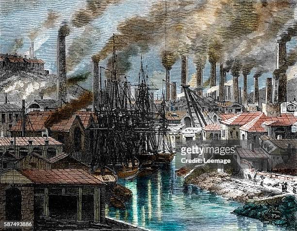 Industrial Revolution : pollution from copper factories in Cornwall, England Engraving from History of england by Rollins, 1887 private collection