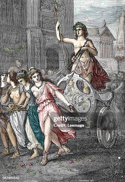 Roman emperor Elagabalus parading on a chariot pulled by women - Engraving from "Les imperatrices romaines" 1888 Collection privee