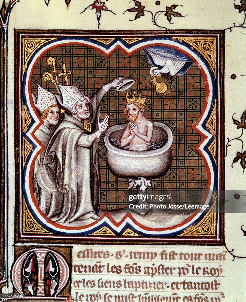 Baptism of Clovis by St. Remy at Reims in 496 - by Jean Fouquet
