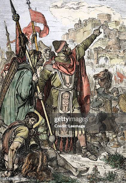 King of the huns Attila shows to his soldiers the city of Aquileia just before he destroys it, 452 Engraving from "Historische Memorabilien des...