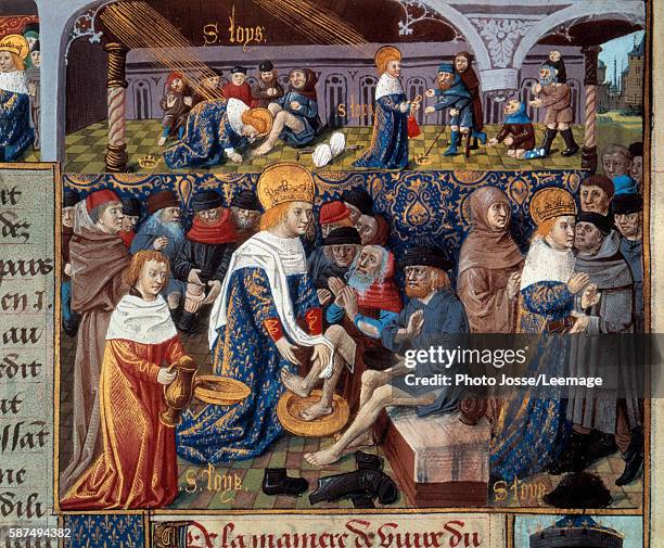 King Louis IX washing poor's men feet and scenes of King's Christian charity. Miniature from a manuscipt entitled "Le Livre des faits de Monseigneur...