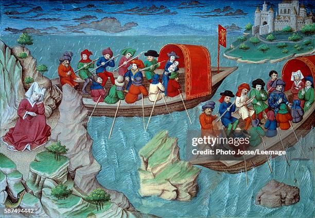 Frederic II of the holy empire leaving Sicily with his suite. Miniature from a manuscript in French of the "Decameron" by Giovanni Boccaccio ,...