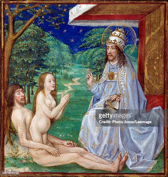 The Creation of Eve from Adam's rib in the Garden of Eden. Miniature from "The Mirror of Human Salvation" illuminated by the French School of the...