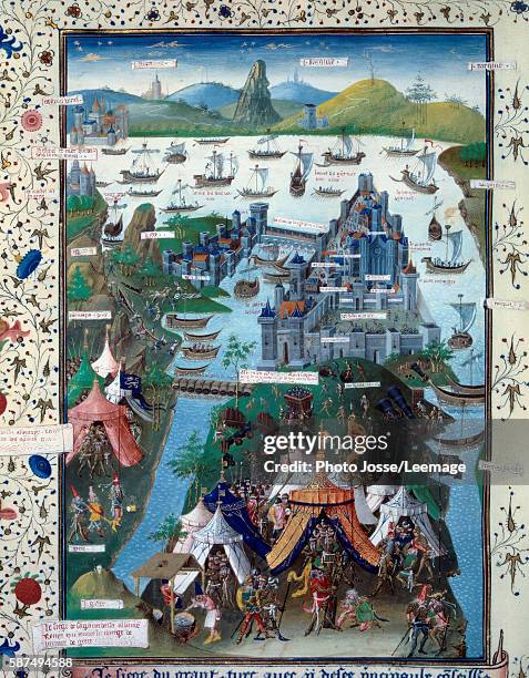 The last siege of Constantinople by the Ottomans troops of Mehmet II, 1453. Miniature from the manuscript Voyage en la terre d'outremer of Bertrandon...