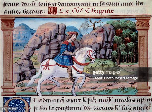 Depiction of the Venetian explorer Marco Polo on horseback. Miniature from "The Book of the Wonders of the World" by Marco Polo , 1298. Arsenal...