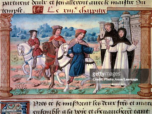 The departure of the brothers Niccolo and Maffeo Polo , father and uncle of Marco Polo with the young explorer, circa 1271. Miniature from "The Book...