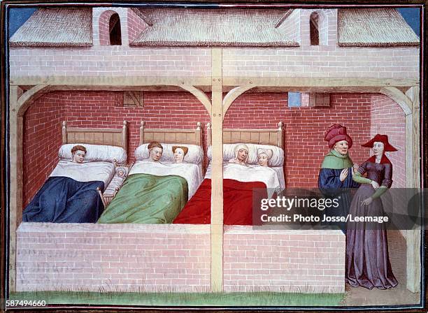 Dormitory. Miniature from a manuscript in French of the "Decameron" by Giovanni Boccaccio , Italian writer, illuminated by the Master of Mansel. 1450...