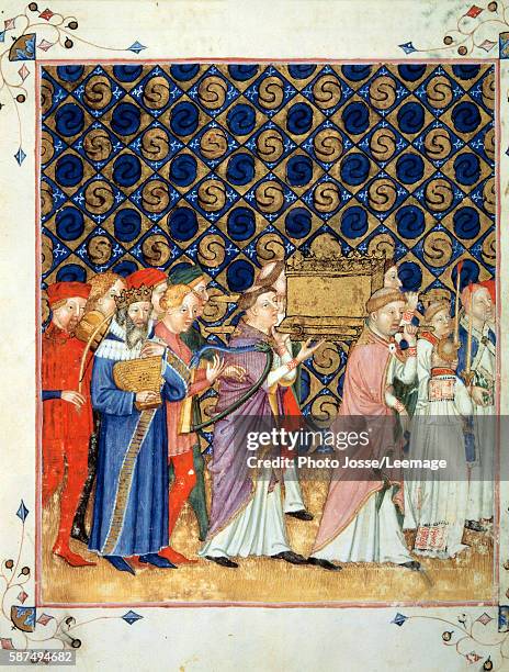 The Ark of the Covenant brought to Jerusalem, followed by David playing the psaltery. Miniature from a missal and books of hours of the Order of the...