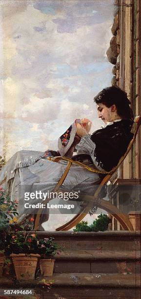 Woman sewing on the terrace - Painting by Cristiano Banti 1882 Dim 30,5x15 cm - Firenze, Palazzo Pitti Galleria d'Arte Moderna