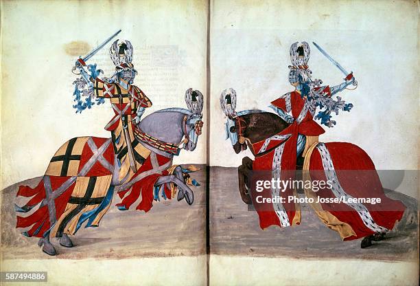 Joust of Bruges, 1392 . Manuscript entitled "Book of the tournaments" written by Rene d'Anjou, circa 1460. BN, Paris, France