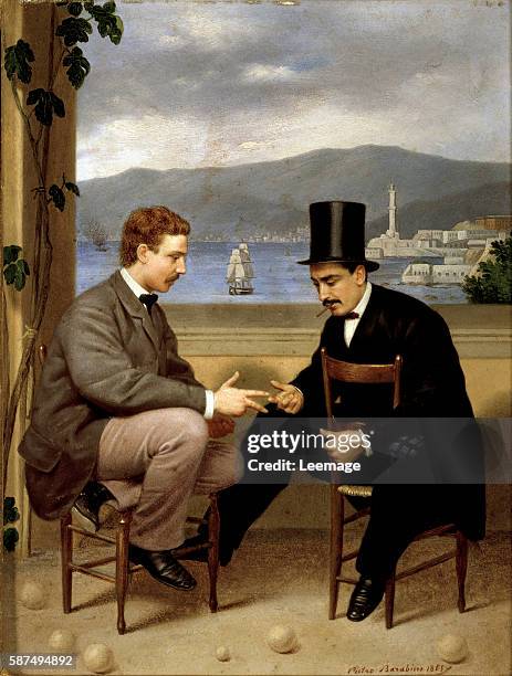 Two players of Morra . A man with a top hat and a cigarsitting astride on a chair. Painting by Pietro Barabino 1865 Dim. 25,5x19,5 cm Genoa, Galleria...