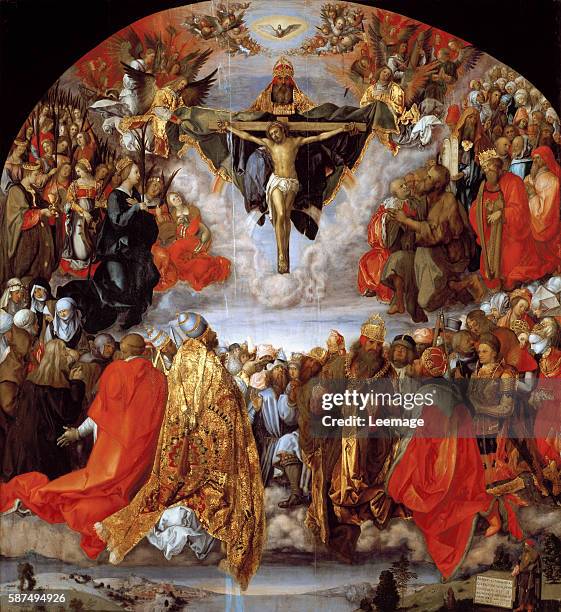 Adoration of the Trinity . A host of male and female saints of Heaven, who are led, respectively, by St. John the Baptist and the Virgin Mary. Below,...