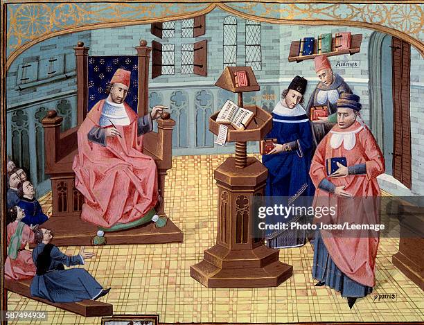 Guy de Chauliac French surgeon lecturing. On his right, six students and on his left, three great characters of the history of medicine : Galen ,...