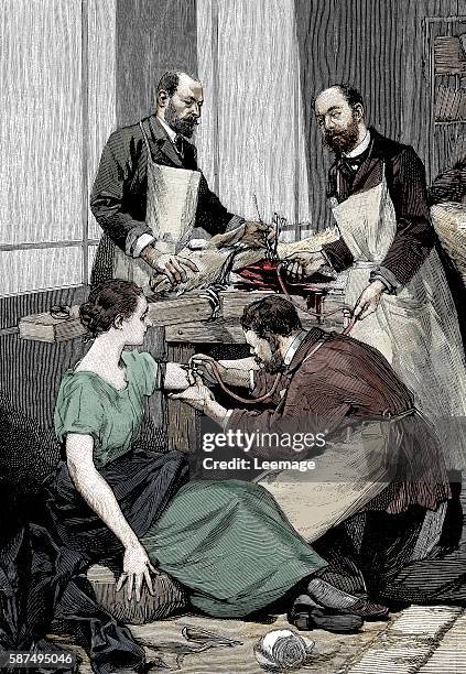 Tuberculosis patient receiving a direct blood transfusion from a goat at Dr Bernheim's clinic, 1891 Engraving Private collection