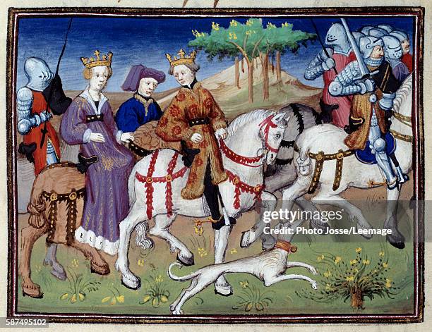 King Philip VI of Valois and the queen Blanche of Navarre going hunting. Miniature from "The Book of the Hunt" by Gaston III Phoebus, Count of Foix,...