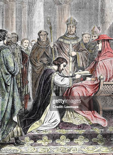 King John reconciliates with the Pope Innocent III after his excommunication, submission were accepted in the presence of the papal legate Pandulph...