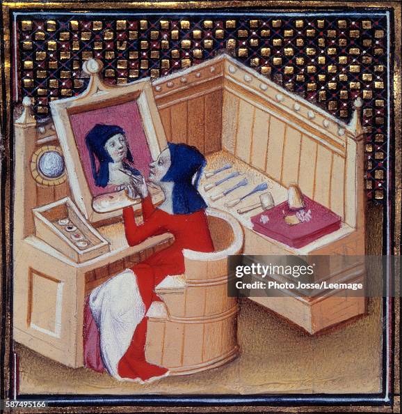 Iaia of Cyzicus, Roman painter, painting his own portrait. Miniature