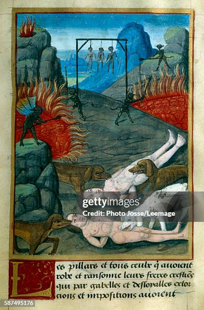 Punishment for thieves and looters in Hell. They are hanged, burned and devoured by dogs. Miniature from "The Treasure of Wisdom" by Jean Gerson ,...