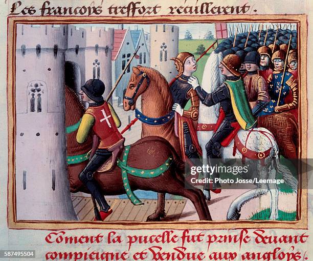 Joan of Arc trapped before Compiegne, 24 May 1429. Miniature from the manuscript "Vigils of king Charles VII" by Martial d'Auvergne, 1484. BN, Paris,...