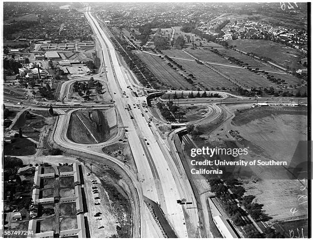 Aerial shot of San Diego Freeway from Wilshire Boulevard to Sunset Boulevard, West Los Angeles, California, March 14, 1957.