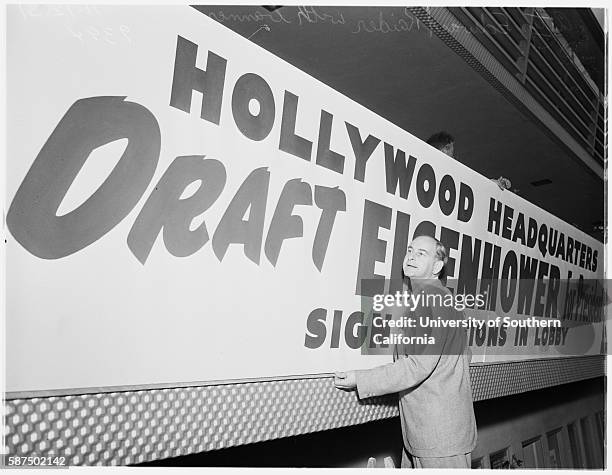 Eisenhower banner For President, Country Club Hotel, Attorney Edward Raiden, Hoisting Banner, November 12, 1951.