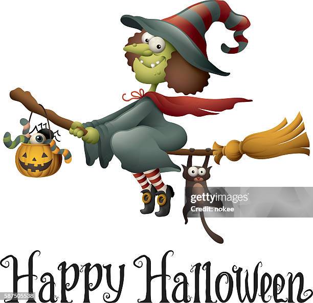 happy halloween - cartoon hexe fliegen - witch flying on broom stock-grafiken, -clipart, -cartoons und -symbole