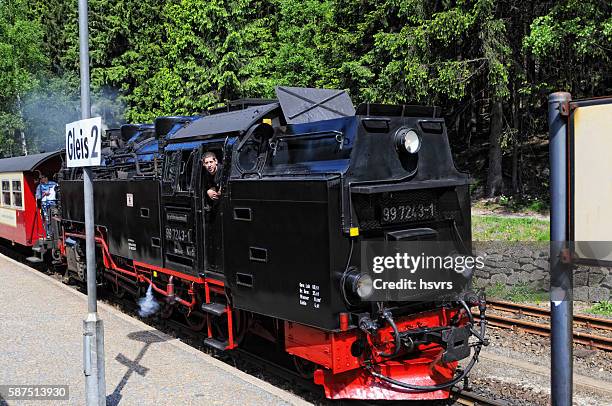 railway steam locomotive driving to brocken mountain - holzhaus stock pictures, royalty-free photos & images