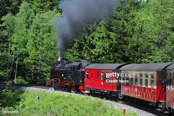 railway steam locomotive driving to brocken mountain - holzhaus stock pictures, royalty-free photos & images