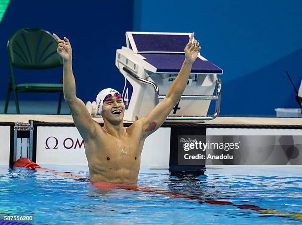 Sun Yang of China celebrates after winning gold medal in the Men's 200m Freestyle Final of the Rio 2016 Olympic Games at the Olympic Aquatics Stadium...