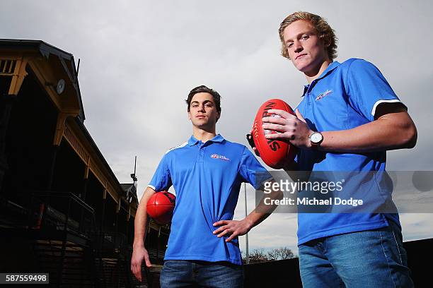 Under 18 AFL players Patrick Kerr and Tim Taranto pose during the 2016 AFL NAB All Stars matches announcement at Punt Road Oval on August 9, 2016 in...