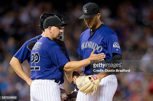 Walt Weiss of the Colorado Rockies relieves Carlos Estevez in the ninth inning of a game against the Texas Rangers after Esteves gave up 2 runs to...