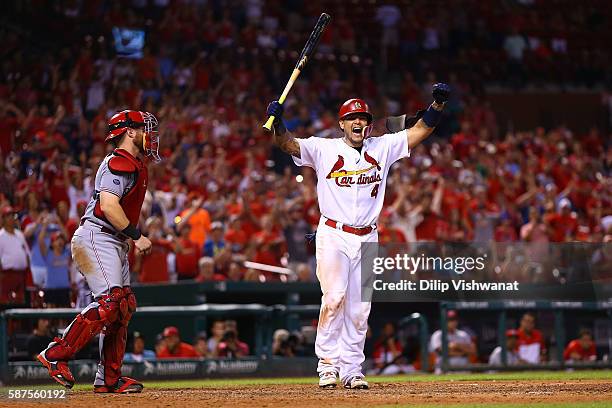 Yadier Molina of the St. Louis Cardinals celebrates after being hit by a pitch to drive in the game-winning run against the Cincinnati Reds in the...