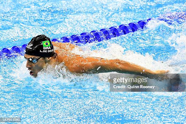 Leonardo de Deus of Brazil competes in the second Semifinal of the Men's 200m Butterfly on Day 3 of the Rio 2016 Olympic Games at the Olympic...