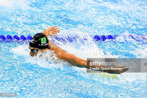 Leonardo de Deus of Brazil competes in the second Semifinal of the Men's 200m Butterfly on Day 3 of the Rio 2016 Olympic Games at the Olympic...