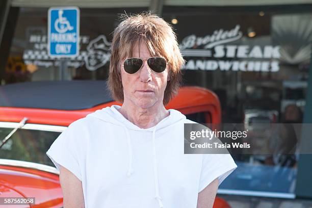 Guitarist Jeff Beck arrives at the Jeff Beck fan meet and greet in celebration of new book "BECK01" at Mel's Drive In on August 8, 2016 in West...