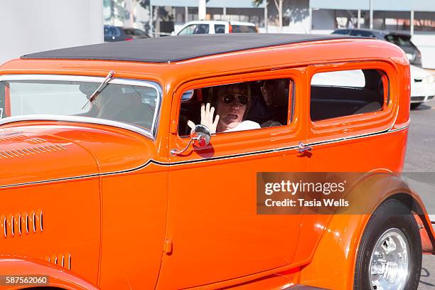 Guitarist Jeff Beck arrives at the Jeff Beck fan meet and greet in celebration of new book "BECK01" at Mel's Drive In on August 8, 2016 in West...