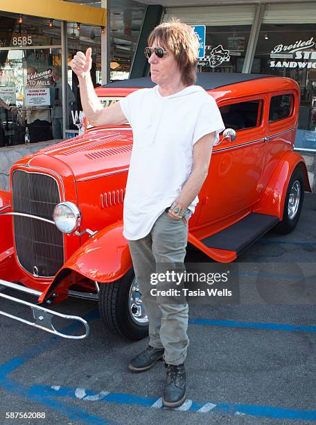 Guitarist Jeff Beck arrives at the Jeff Beck fan meet and greet in celebration of new book "BECK01" at Mel's Drive In on August 8, 2016 in West...
