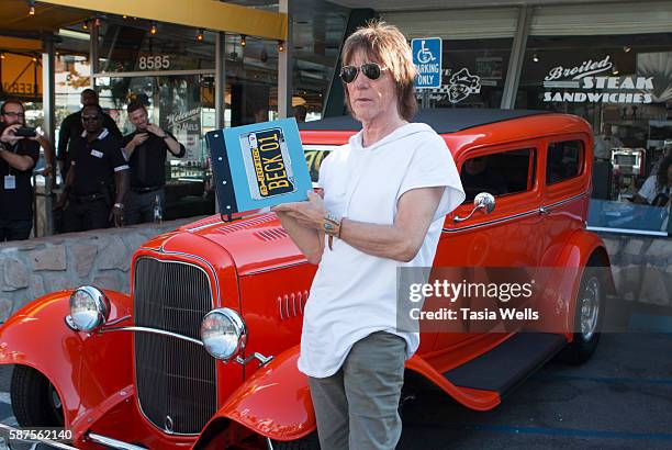 Guitarist Jeff Beck arrives at the Jeff Beck fan meet and greet in celebration of new book "BECK01" at Mel's Drive In on August 8, 2016 in West...