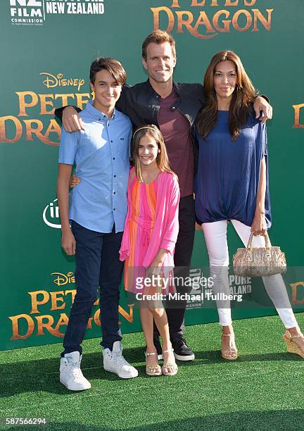 Lucas Arthur Mathison, actor Cameron Mathison, Leila Emmanuelle Mathison and Vanessa Arevalo attend the premiere of Disney's 'Pete's Dragon' at the...