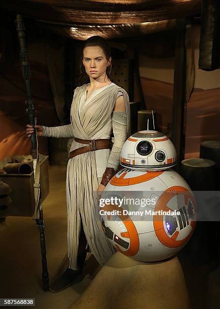 Daisy Ridley is unveiled as the new wax figure character Rey from "Star Wars: The Force Awakens" at Madame Tussauds on August 9, 2016 in London,...